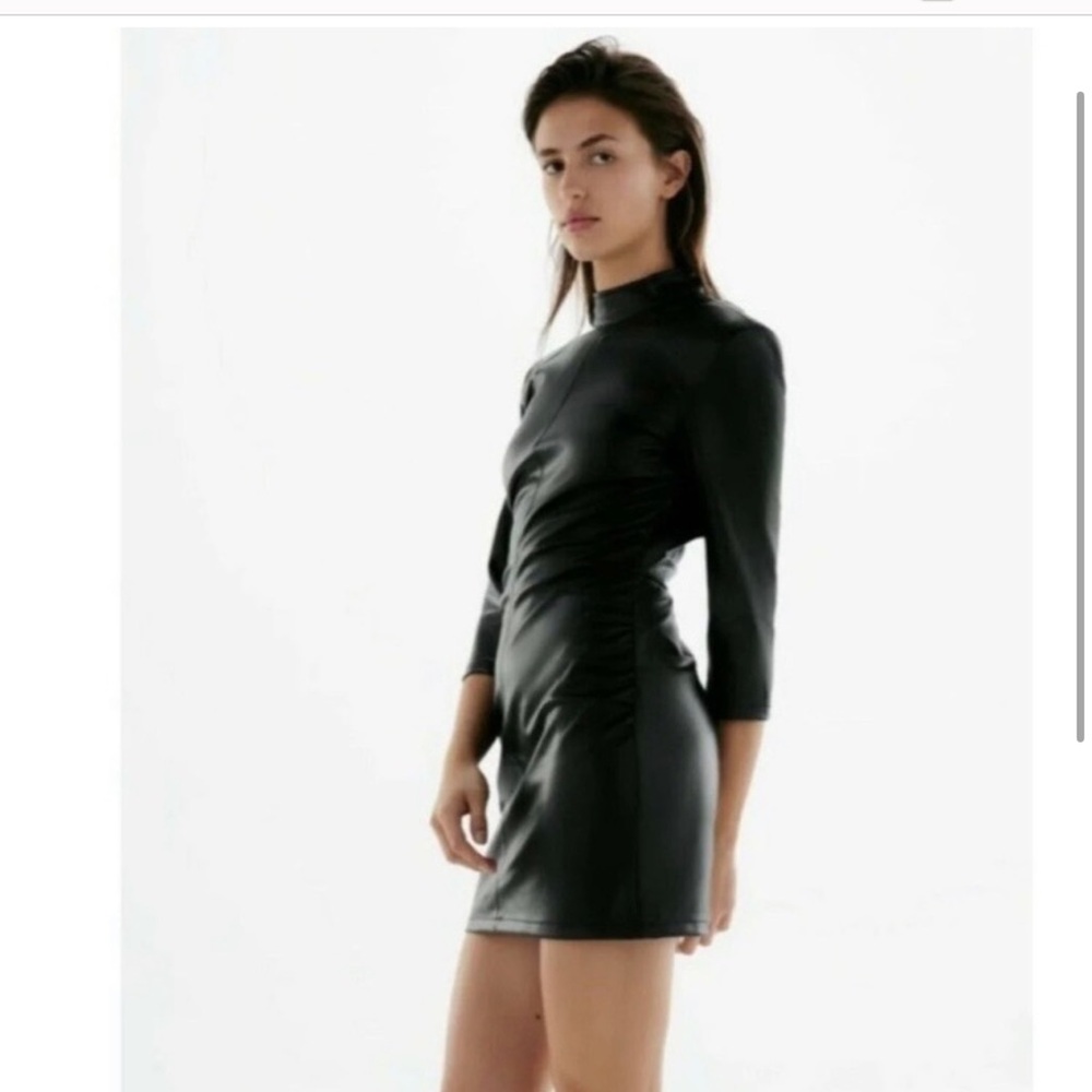 Zara Ruched Faux Leather Open Back Black Dress
